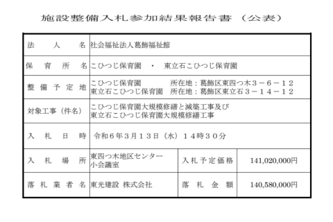 こひつじ保育園大規模修繕と減築工事及び東立石こひつじ保育園大規模修繕工事 指名競争入札結果公表（２）